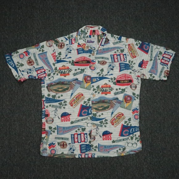 VINTAGE Chicago Cubs Shirt Mens Small White Blue Reyn Spooner Short Sleeve Rayon
